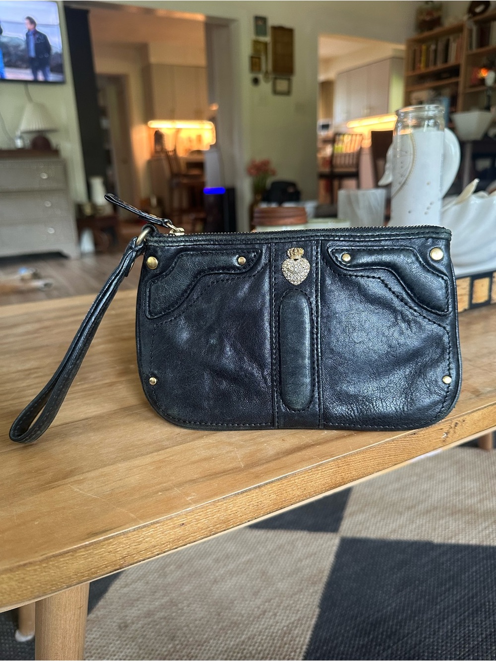 Y2K Juicy Couture Black Leather Wristlet Clutch with Gold edge wear as shown